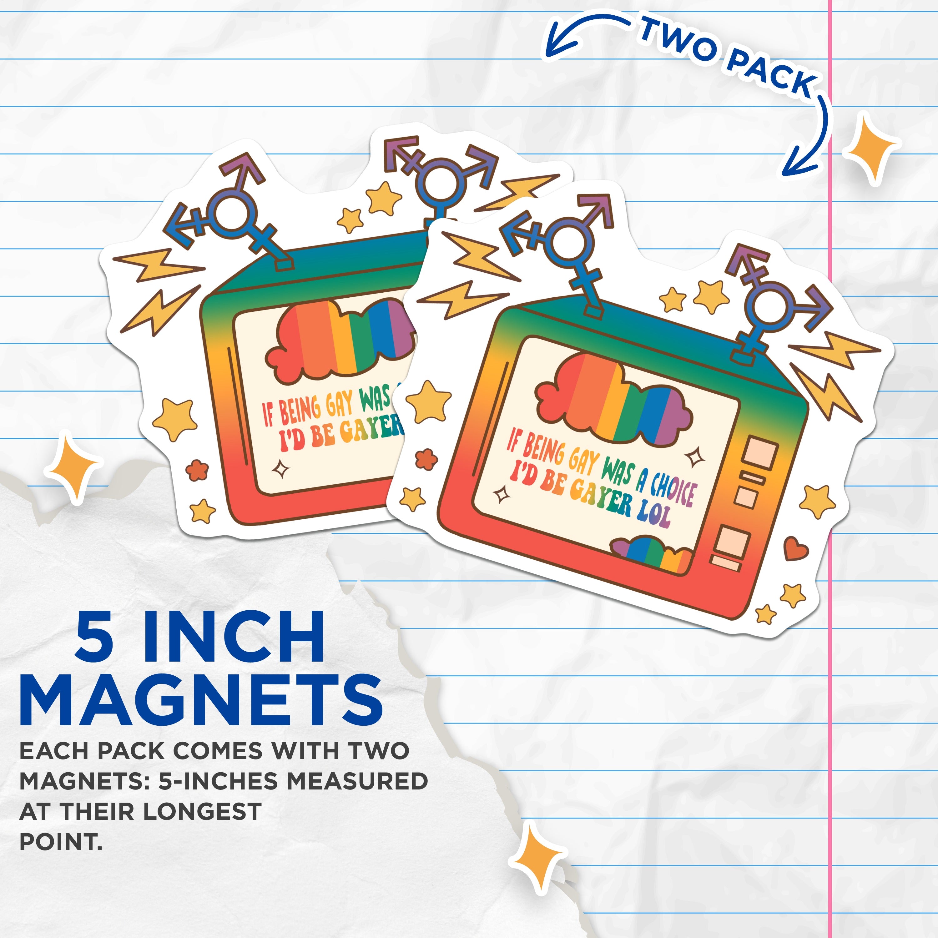 (2 Pack) Funny Gay Pride Magnets - Retro TV LGBTQ+ Humor - Queer Affirmation Rainbow Decor - 5 Inches On Longest Side - Thick Durable Magnet - Made in USA - MAG36193