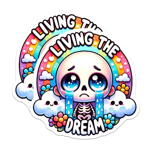 (2 Pack) Living The Dream Stickers - Cute Skeleton Stickers - Kawaii Crying Stickers - 5" On Longest Side - Sticks to Smooth Flat Surfaces - Made in USA - BMCS5150