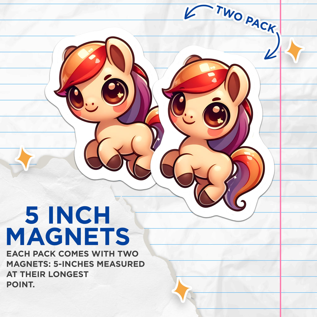 (2 Pack) Cute Chibi Pony Magnets - Kawaii Horse Refrigerator - Fantasy Animal Lover Decor - 5 Inches On Longest Side - Thick Durable Magnet - Made in USA - MAG36631