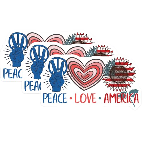 (3 Pack) Peace Love America Decals - Patriotic Stickers - Laptop Decals - 3 Inches On Longest Side - Easy Peel & Apply - Made in USA - 3MCS4018