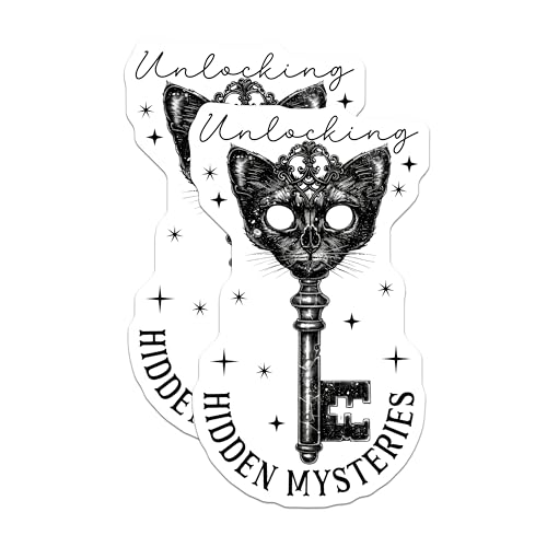 (2 Pack) Unlocking Hidden Mysteries Stickers - Cat Key Stickers - Intriguing Gothic Design Stickers - 5" On Longest Side - Sticks to Any Smooth Flat Surface - Made in USA - BMCS3601