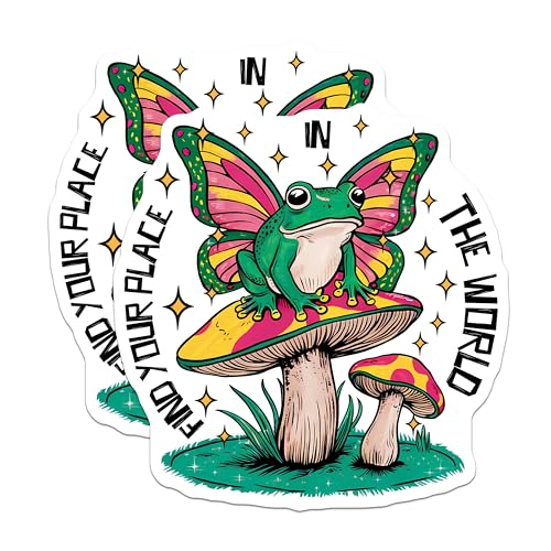 (2 Pack) Find Your Place in The World Stickers - Frog and Mushroom Stickers - Whimsical Nature Stickers - 5" On Longest Side - Sticks to Smooth Flat Surfaces - Made in USA - BMCS3767