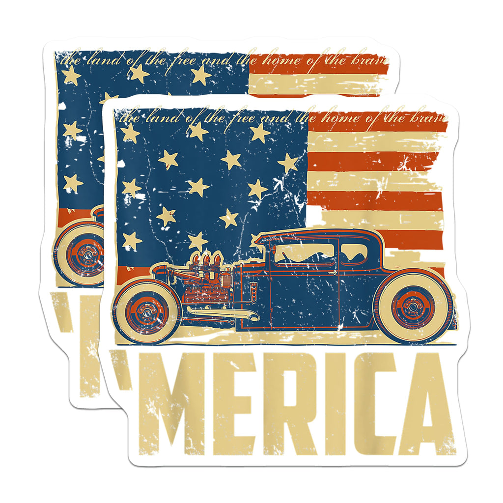 (2 Pack) Vintage Hot Rod Classic Car Magnets - American Flag Stars and Stripes - Patriotic Merica Land of the Free - 5 Inches On Longest Side - Thick Durable Magnet - Made in USA - MAG23944