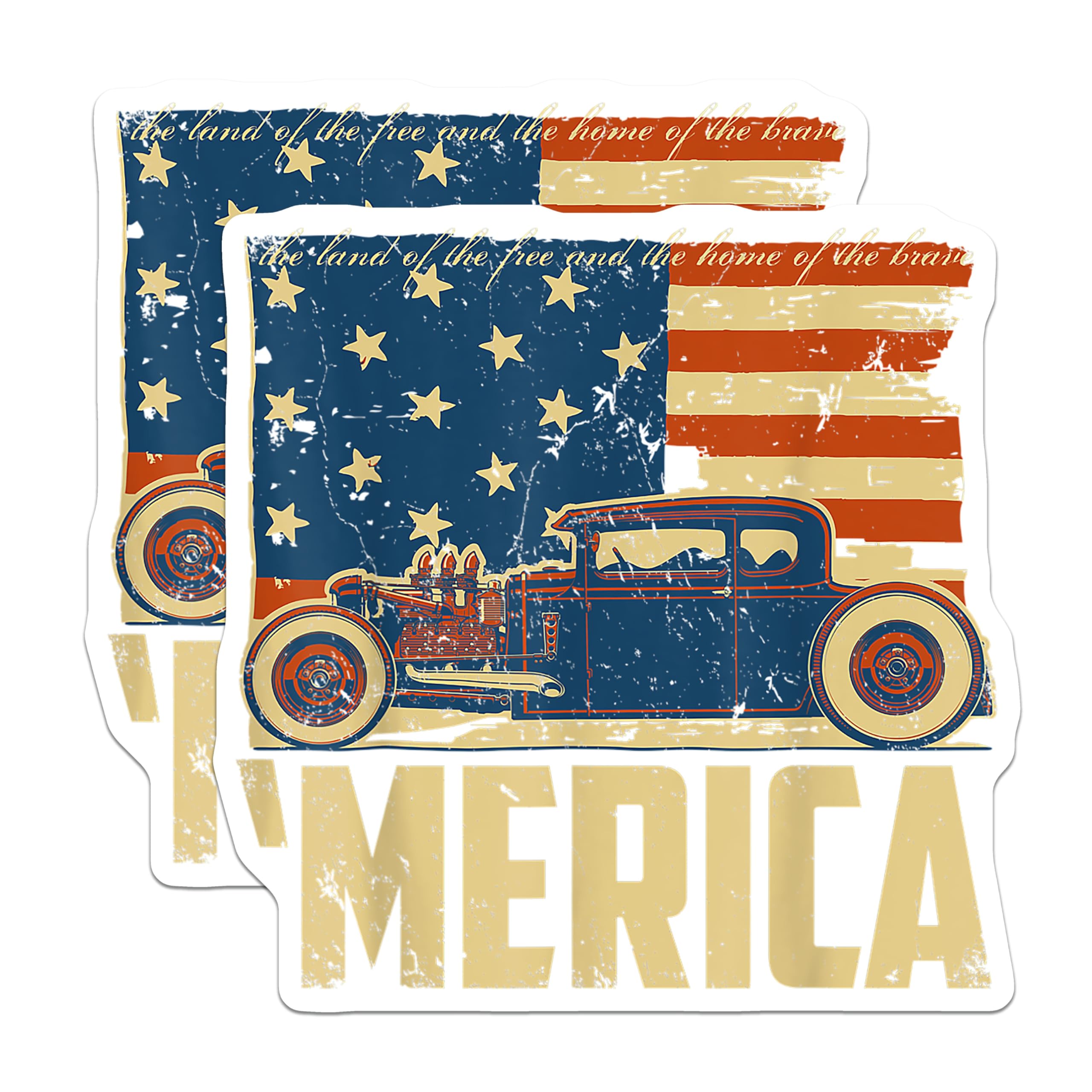 (2 Pack) Vintage Hot Rod Classic Car Magnets - American Flag Stars and Stripes - Patriotic Merica Land of the Free - 5 Inches On Longest Side - Thick Durable Magnet - Made in USA - MAG23944