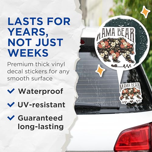 (2 Pack) Mama Bear Stickers - Floral Bear Decal - Rustic Animal Design - 5" On Longest Side - Sticks to Smooth Flat Surfaces - Made in USA - BMCS5762