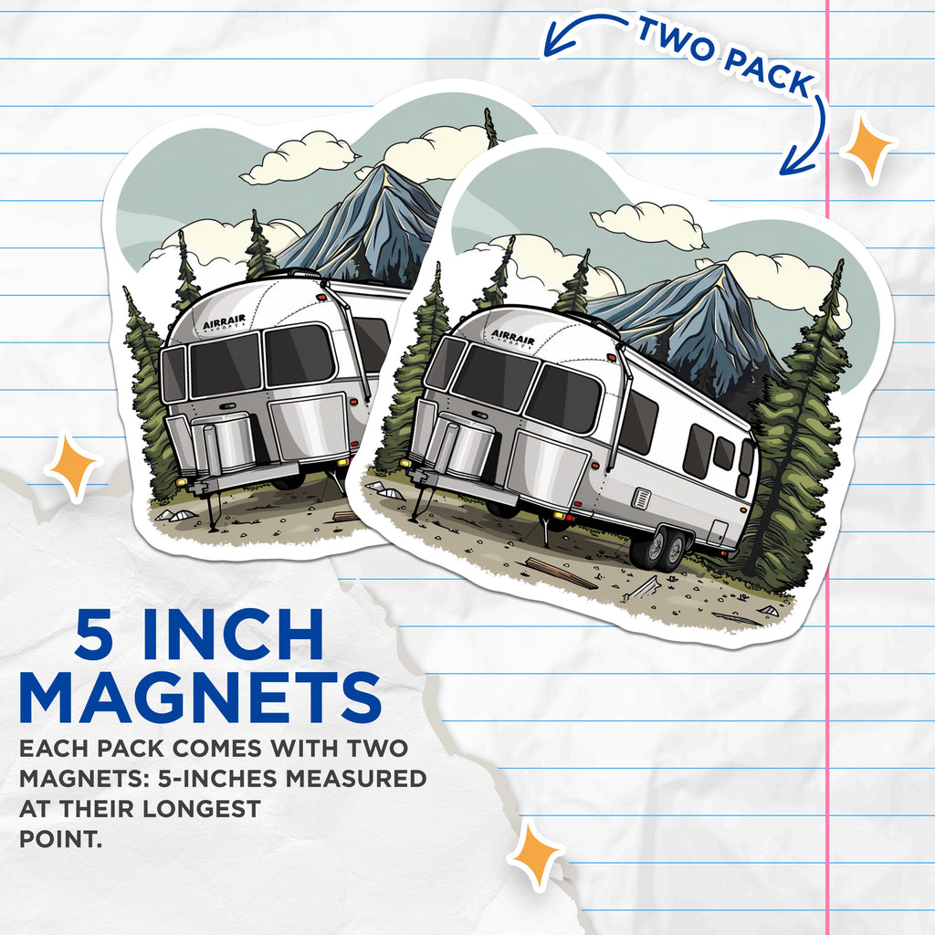 (2 Pack) Travel Trailer Magnets - Retro Camper RV Decor - Mountain Forest Adventure Road Trip - 5 Inches On Longest Side - Thick Durable Magnet - Made in USA - MAG36345