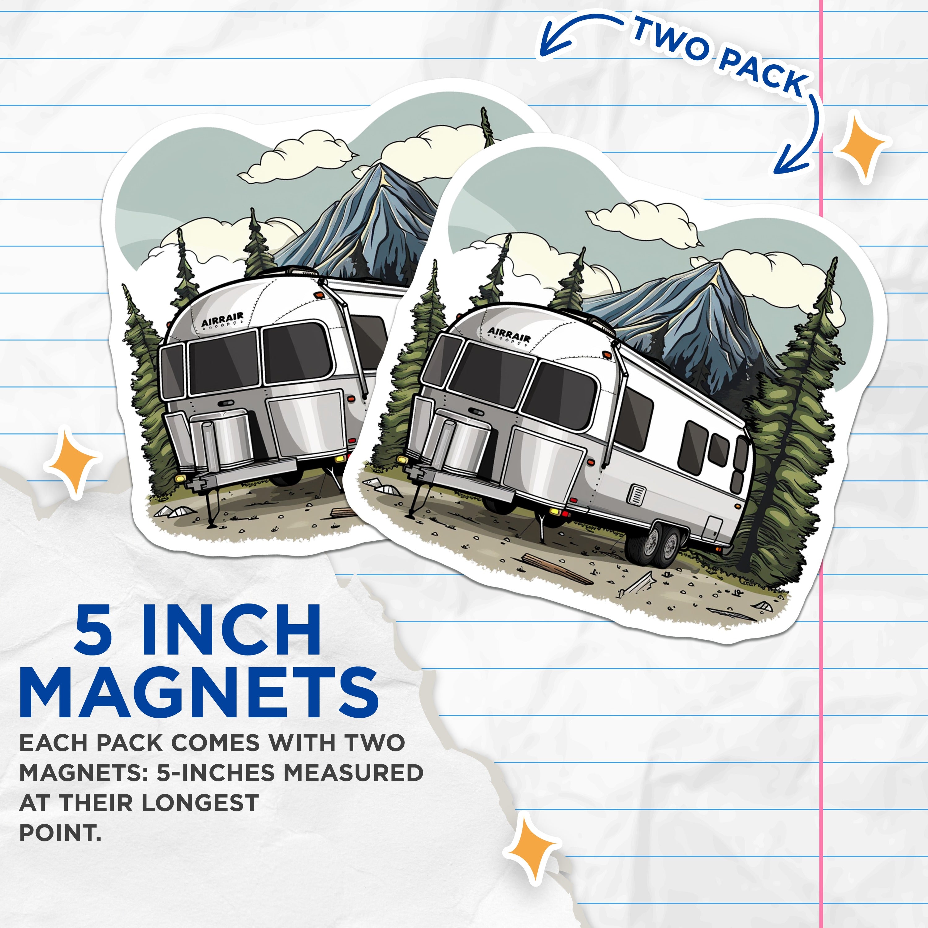 (2 Pack) Travel Trailer Magnets - Retro Camper RV Decor - Mountain Forest Adventure Road Trip - 5 Inches On Longest Side - Thick Durable Magnet - Made in USA - MAG36345