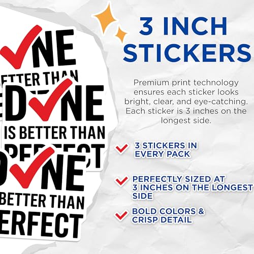 (3 Pack) Done is Better Decals - Inspirational Quote Stickers - Motivational Laptop Decal- 3 Inches On Longest Side - Easy Peel & Apply - Made in USA - 3MCS5511