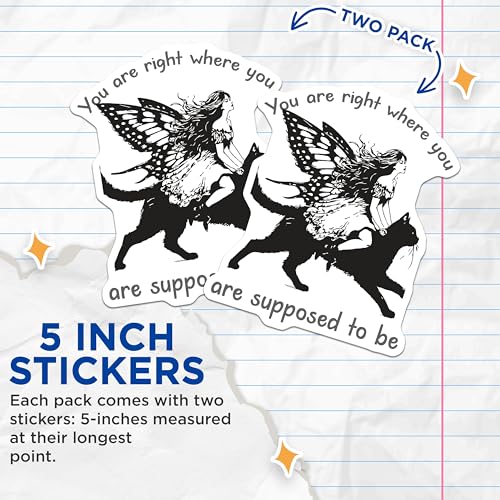 (2 Pack) Fairy Riding Cat Stickers - Inspirational Quote - Fantasy Art Vinyl Stickers for Laptops and Water Bottles - 5" On Longest Side - Sticks to Smooth Flat Surfaces - Made in USA - BMCS5951