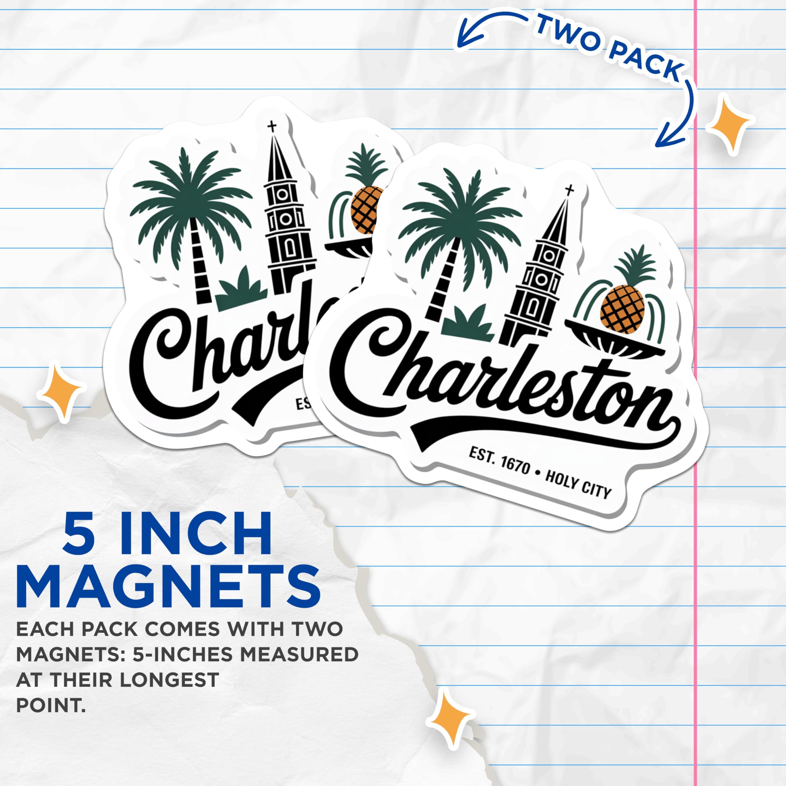 (2 Pack) Charleston Magnets - Holy City Decor - South Carolina Refrigerator Magnets - 5" On Longest Side - Premium Magnet - for Cars, Refrigerators, Toolboxes, Lockers - Made in USA - MAG17263