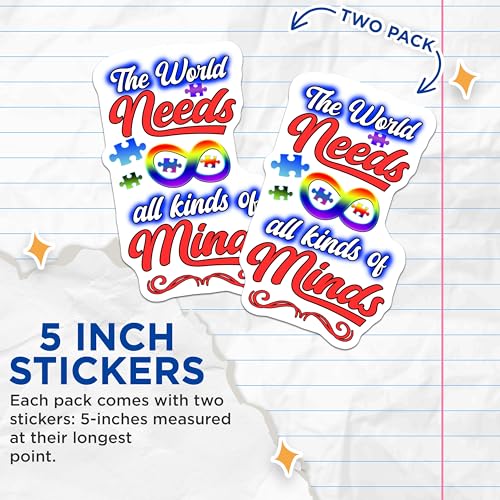 (2 Pack) Motivational Stickers - Autism Awareness - The World Needs All Kinds of Minds Stickers - 5" On Longest Side - Sticks to Smooth Flat Surfaces - Made in USA - BMCS6549