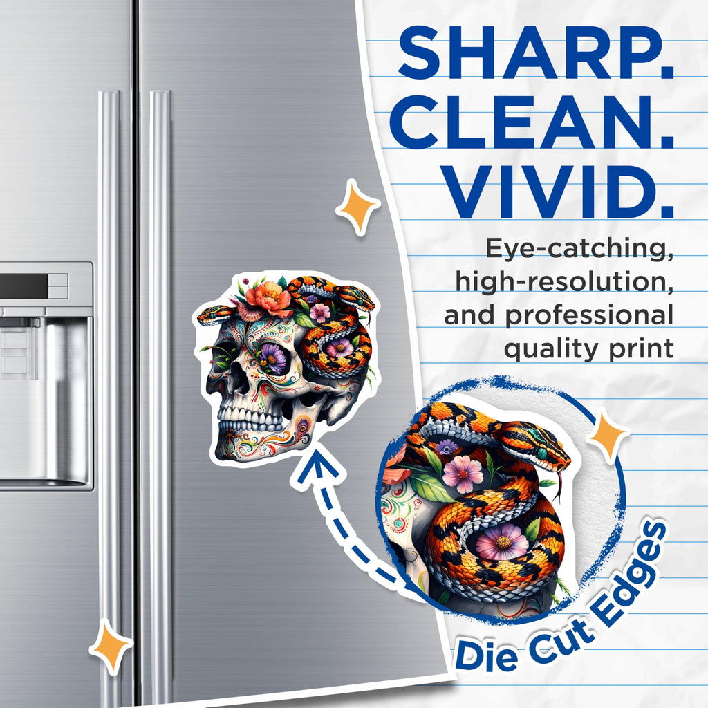 (2 Pack) Sugar Skull Magnets - Snake Floral Art - Dia de Los Muertos Decor - 5 Inches On Longest Side - Thick Durable Magnet - Made in USA - MAG21850