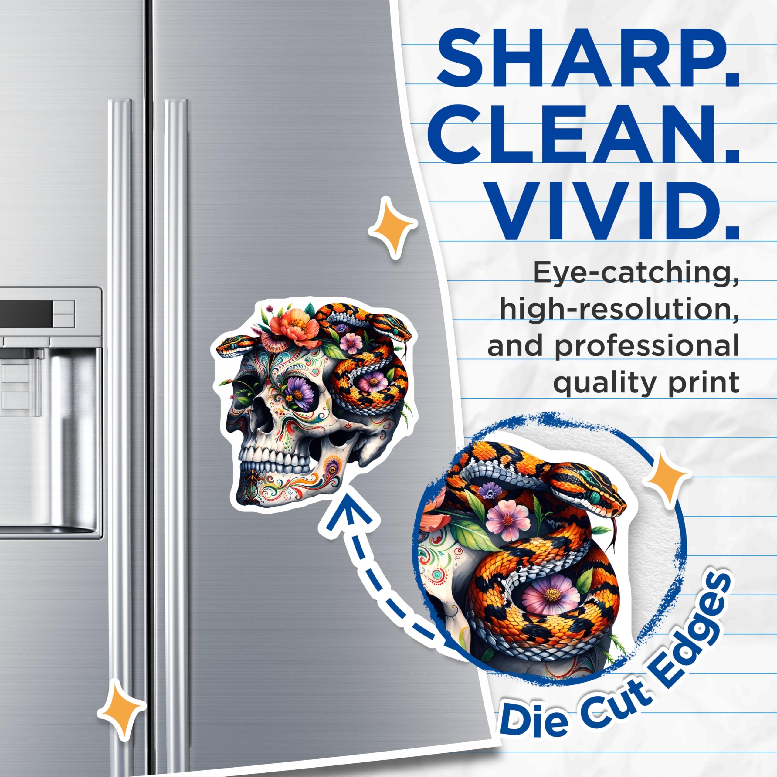 (2 Pack) Sugar Skull Magnets - Snake Floral Art - Dia de Los Muertos Decor - 5 Inches On Longest Side - Thick Durable Magnet - Made in USA - MAG21850