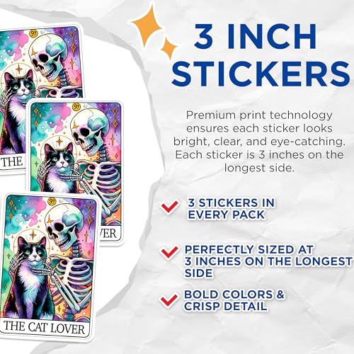 (3 Pack) Cat Lover Decals - Grim Reaper - Tarot Card - Laptop Stickers - Cat Stickers - 3 Inches On Longest Side - Easy Peel & Apply - Made in USA - 3MCS1408