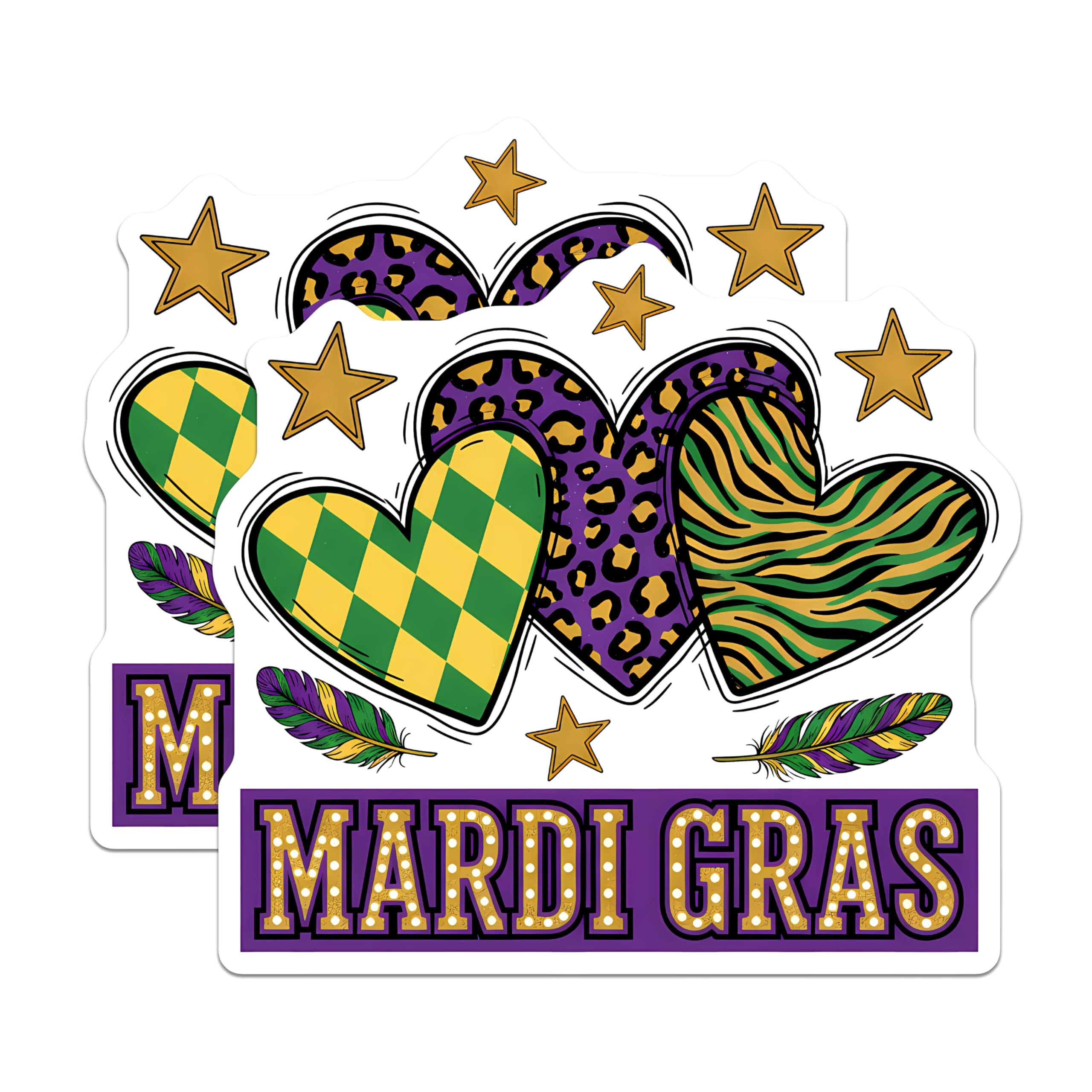(2 Pack) Mardi Gras Stickers - Hearts Stars Feathers - Celebration Stickers - 5" On Longest Side - Sticks to Smooth Flat Surfaces - Made in USA - BMCS14023