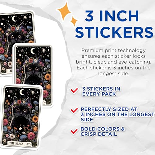(3 Pack) Black Cat Decals - Floral Crown - Starry Night Decal - 3 Inches On Longest Side - Easy Peel & Apply - Made in USA - 3MCS4123