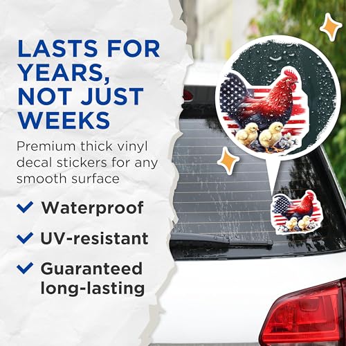 (2 Pack) Patriotic Rooster Chickens Stickers - American Flag - Farm Animal Decals - 5" On Longest Side - Sticks to Smooth Flat Surfaces - Made in USA - BMCS6428