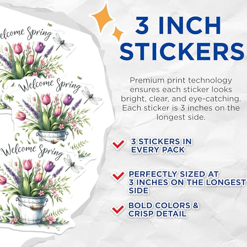 (3 Pack) Welcome Spring Decals - Floral Bucket - Dragonfly Stickers - 3 Inches On Longest Side - Easy Peel & Apply - Made in USA - 3MCS6759