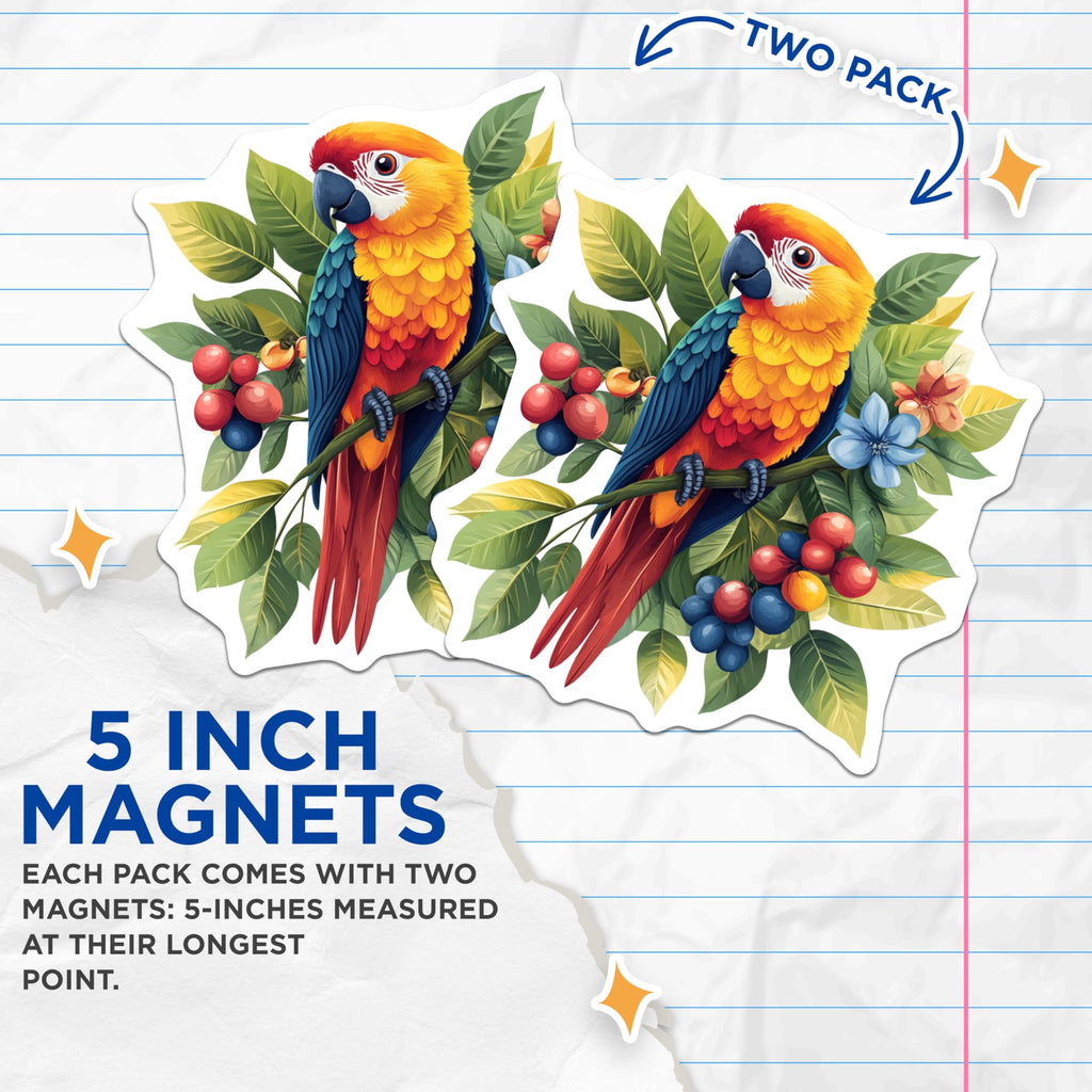 (2 Pack) Tropical Parrot Magnets - Exotic Bird Kitchen Decor - Vibrant Jungle Animal Fridge - 5 Inches On Longest Side - Thick Durable Magnet - Made in USA - MAG25232