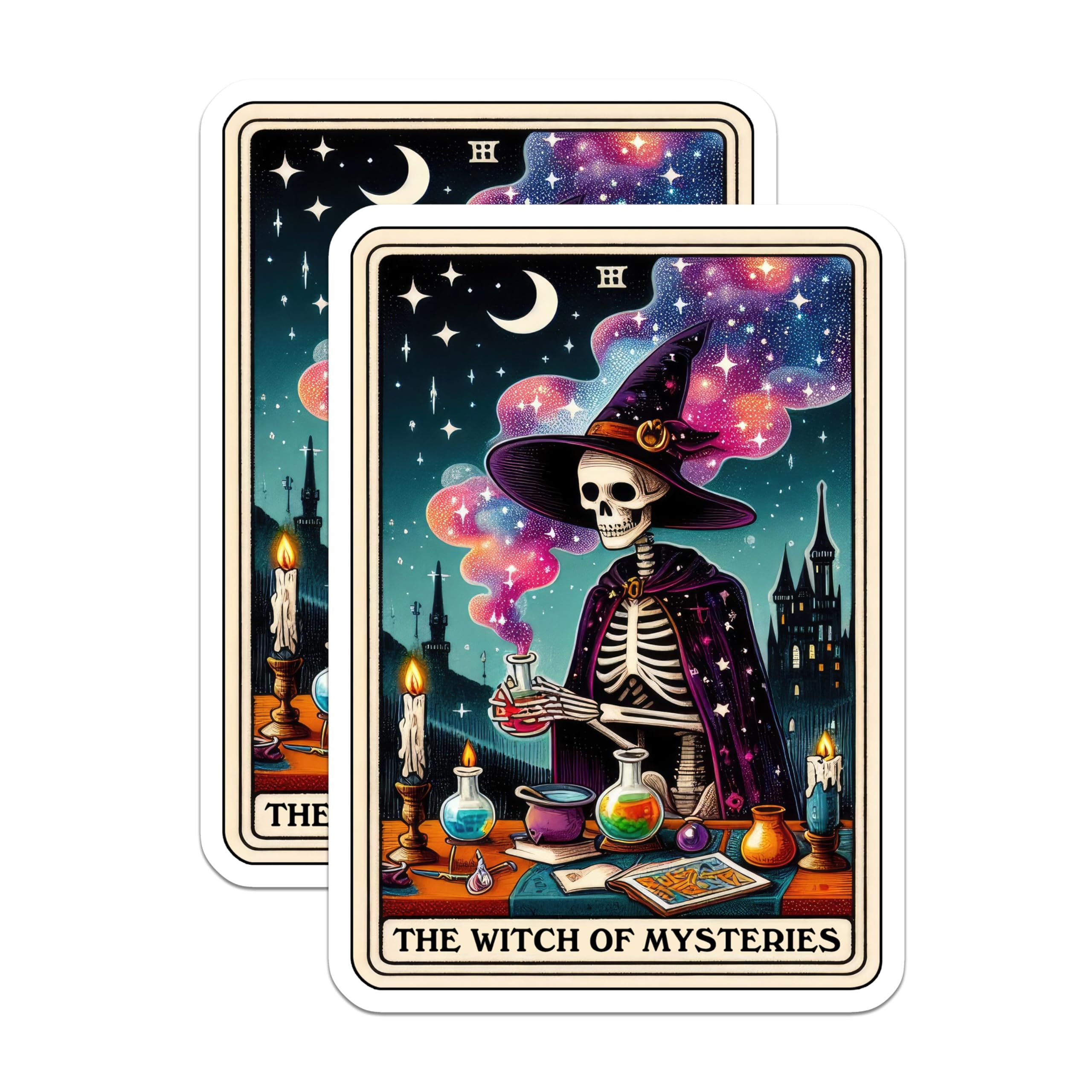 (2 Pack) Witch Tarot Stickers - Skeleton Witch Cartoons - Mystical Wizard Stickers - 5" On Longest Side - Sticks to Smooth Flat Surfaces - Made in USA - BMCS5517