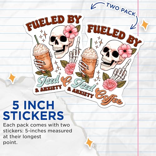 (2 Pack) Fueled by Iced Coffee and Anxiety Stickers - Funny Skull Sticker - Iced Coffee Lover Decal - 5" On Longest Side - Sticks to Smooth Flat Surfaces - Made in USA - BMCS9767