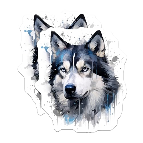 (2 Pack) Watercolor Husky Magnets - Majestic Wolf Art - Blue Eyed Dog Lover Decor - 5 Inches On Longest Side - Thick Durable Magnet - Made in USA - MAG29191