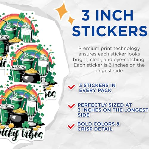(3 Pack) St Patricks Day Decals - Lucky Vibes Clover - Rainbow Drinks Laptop Decal - 3 Inches On Longest Side - Easy Peel & Apply - Made in USA - 3MCS7159
