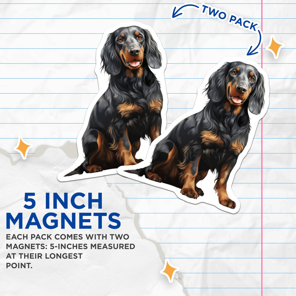 (2 Pack) Long Haired Dachshund Magnets - Black Tan Dog Art - Wiener Dog Refrigerator Accent - 5 Inches On Longest Side - Thick Durable Magnet - Made in USA - MAG29729