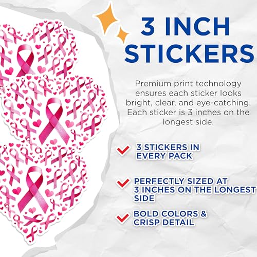 (3 Pack) Breast Cancer Awareness Decals - Pink Ribbon Stickers - Heart Shaped Decal - 3 Inches On Longest Side - Easy Peel & Apply - Made in USA - 3MCS1662