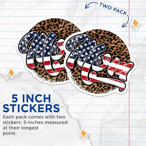 (2 Pack) Mom Stickers - American Flag Mom Decal - Leopard Print Circle - 5" On Longest Side - Sticks to Smooth Flat Surfaces - Made in USA - BMCS7442