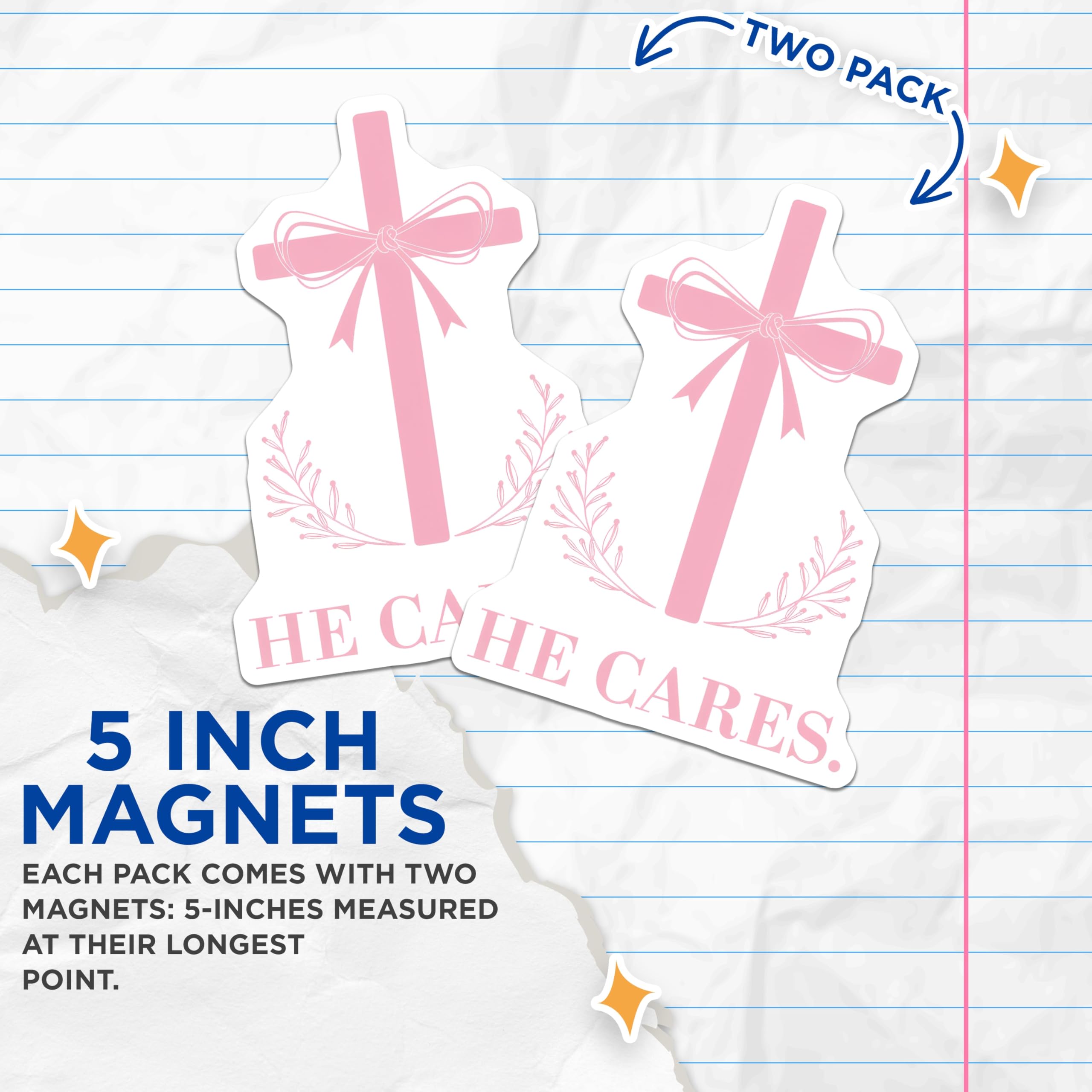 (2 Pack) Christian Cross Design Magnets - He Cares Spiritual Affirmation Decor - Pink Faith Inspirational Home Accent - 5 Inches On Longest Side - Thick Durable Magnet - Made in USA - MAG23859
