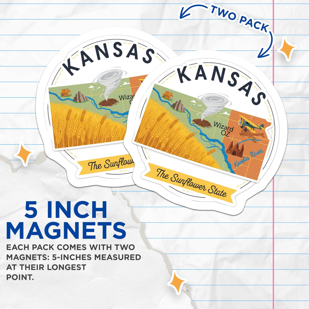 (2 Pack) Kansas Magnets - Sunflower State Decor - Wizard of Oz Memorabilia - 5" On Longest Side - Premium Magnet - for Cars, Refrigerators, Toolboxes, Lockers - Made in USA - MAG15072