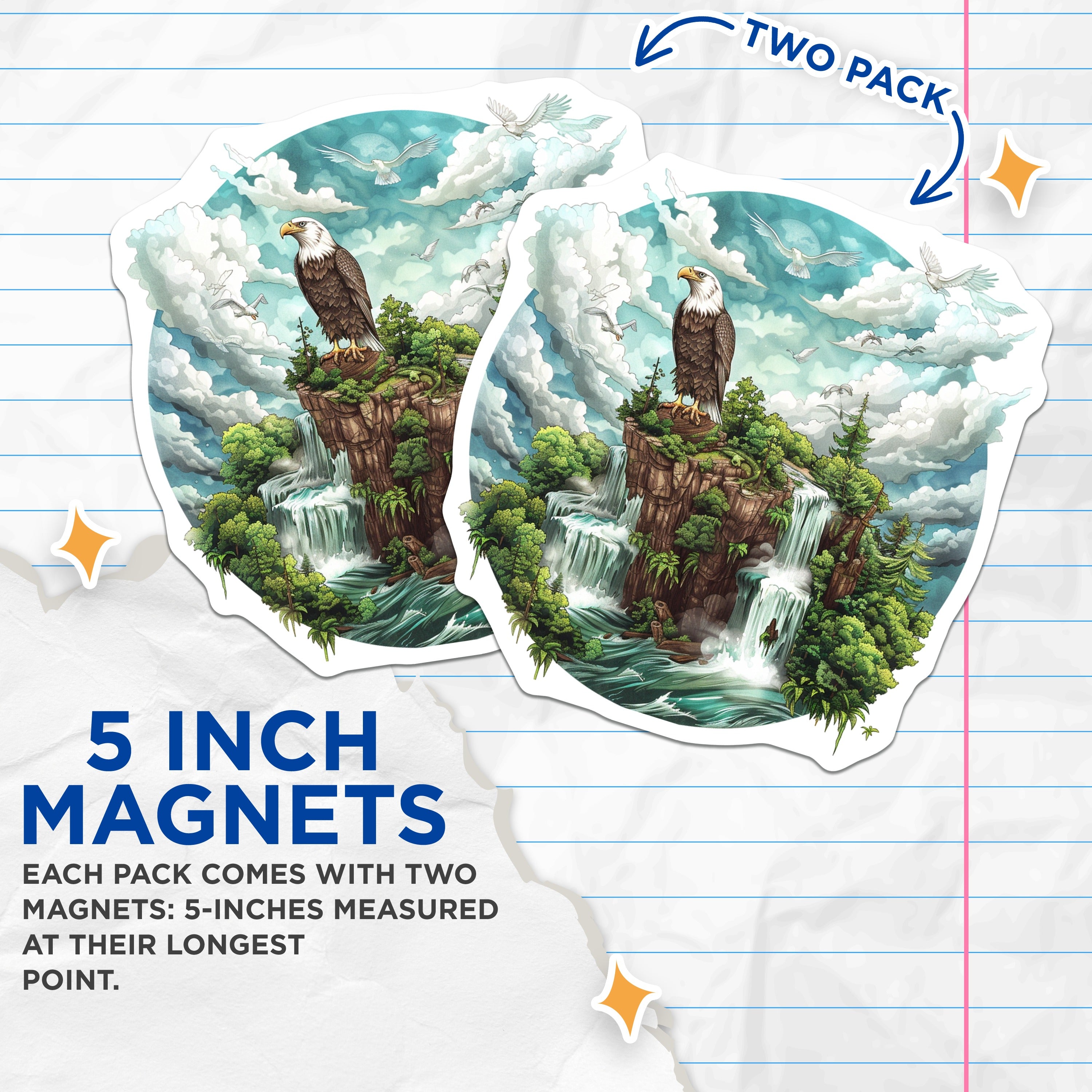 (2 Pack) Bald Eagle Magnets - Waterfall Landscape - Wildlife Scene Fridge Decor - 5 Inches On Longest Side - Thick Durable Magnet - Made in USA - MAG38049