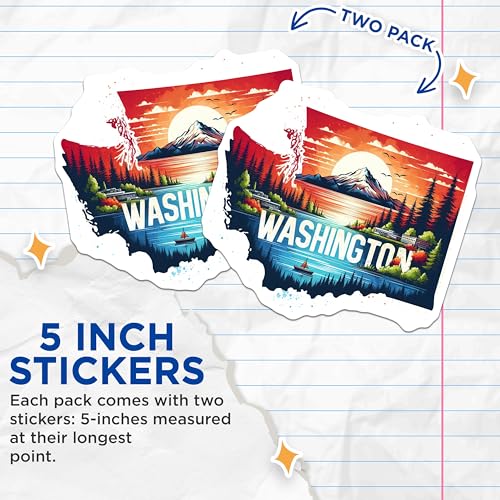 (2 Pack) Washington State Stickers - Scenic Landscape Stickers - Pacific Northwest Travel Decal - 5" On Longest Side - Sticks to Smooth Flat Surfaces - Made in USA - BMCS5557