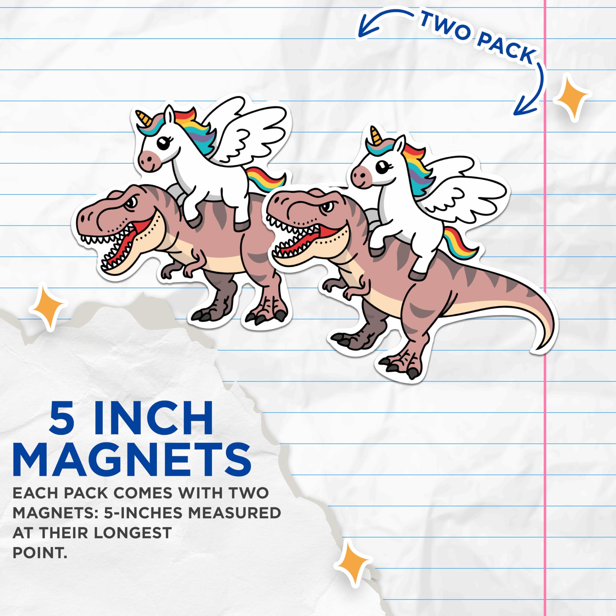 (2 Pack) Unicorn Riding A Dinosaur Magnets - Fantasy Unicorn Dino Decal - 5 Inches On Longest Side - Premium Magnet - for Cars, Refrigerators, Toolboxes - Made in USA - MAG2081