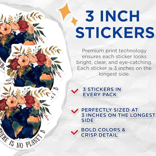 (3 Pack) Earth Day Decals - Floral Planet Earth Sticker - There is No Planet B - 3 Inches On Longest Side - Easy Peel & Apply - Made in USA - 3MCS7210