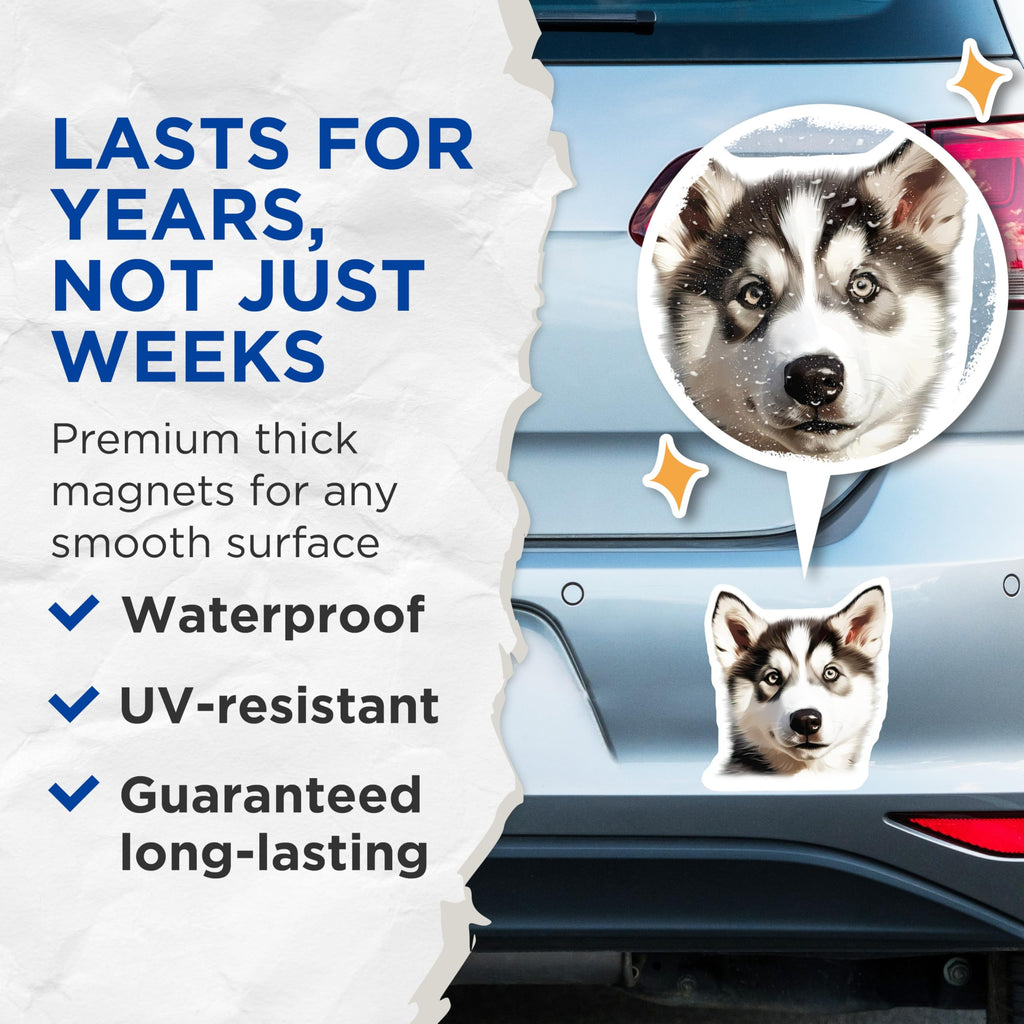 (2 Pack) Husky Puppy Magnets - Siberian Husky Decor - Cute Dog Lover Refrigerator - Animal Lover Decal - 5 Inches On Longest Side - Thick Durable Magnet - Made in USA - MAG29543