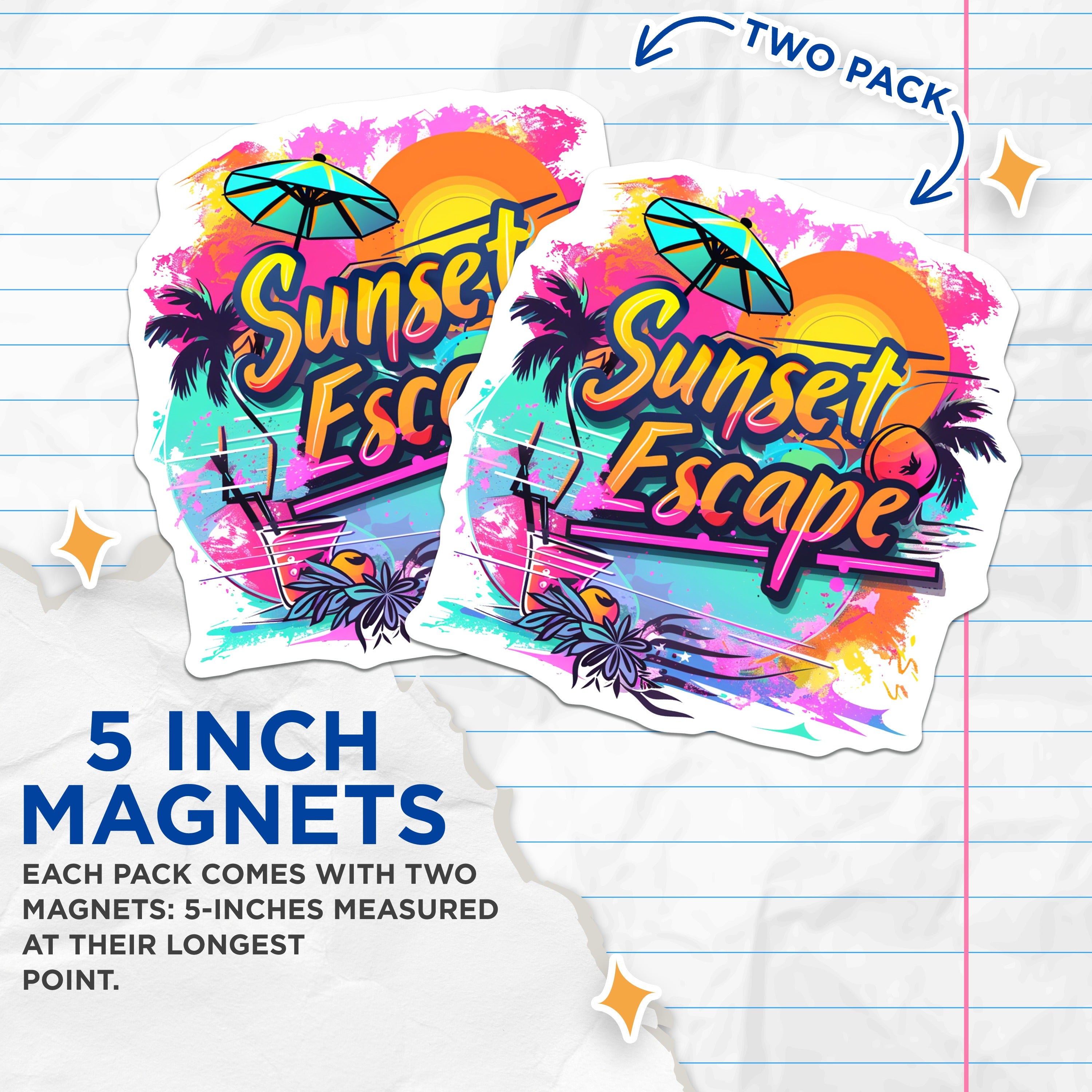 (2 Pack) Sunset Escape Magnets - Retro Summer Decor - Tropical Beach Vacation Art - 5 Inches On Longest Side - Thick Durable Magnet - Made in USA - MAG39913
