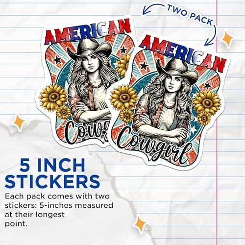 (2 Pack) American Cowgirl Stickers - Western Theme - Sunflower for Laptop Decor - 5" On Longest Side - Sticks to Smooth Flat Surfaces - Made in USA - BMCS7876