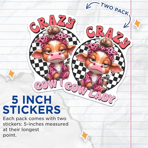 (2 Pack) Crazy Cow Lady Stickers - Cute Cow Design - Funny Animal Stickers - 5" On Longest Side - Sticks to Smooth Flat Surfaces - Made in USA - BMCS3779
