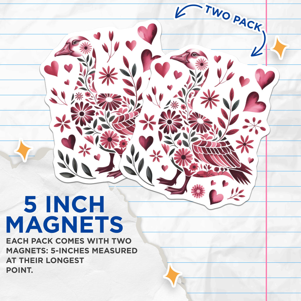 (2 Pack) Folk Art Floral Goose Magnets - Whimsical Bird Decor - Romantic Farmhouse Kitchen Accent - 5 Inches On Longest Side - Thick Durable Magnet - Made in USA - MAG37368