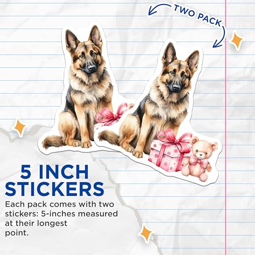 (2 Pack) German Shepherd Stickers - Cute Dog Stickers - Adorable Puppy and Teddy Bear Stickers - 5" On Longest Side - Sticks to Any Smooth Flat Surface - Made in USA - BMCS3473
