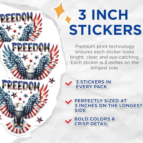 (3 Pack) Patriotic Eagle Decals - Freedom Laptop Sticker - American Flag Military Decal - 3 Inches On Longest Side - Easy Peel & Apply - Made in USA - 3MCS6161