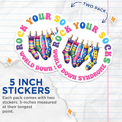 (2 Pack) Rock Your Socks Stickers - World Down Syndrome Awareness - Colorful Sock Design - 5" On Longest Side - Sticks to Smooth Flat Surfaces - Made in USA - BMCS8196