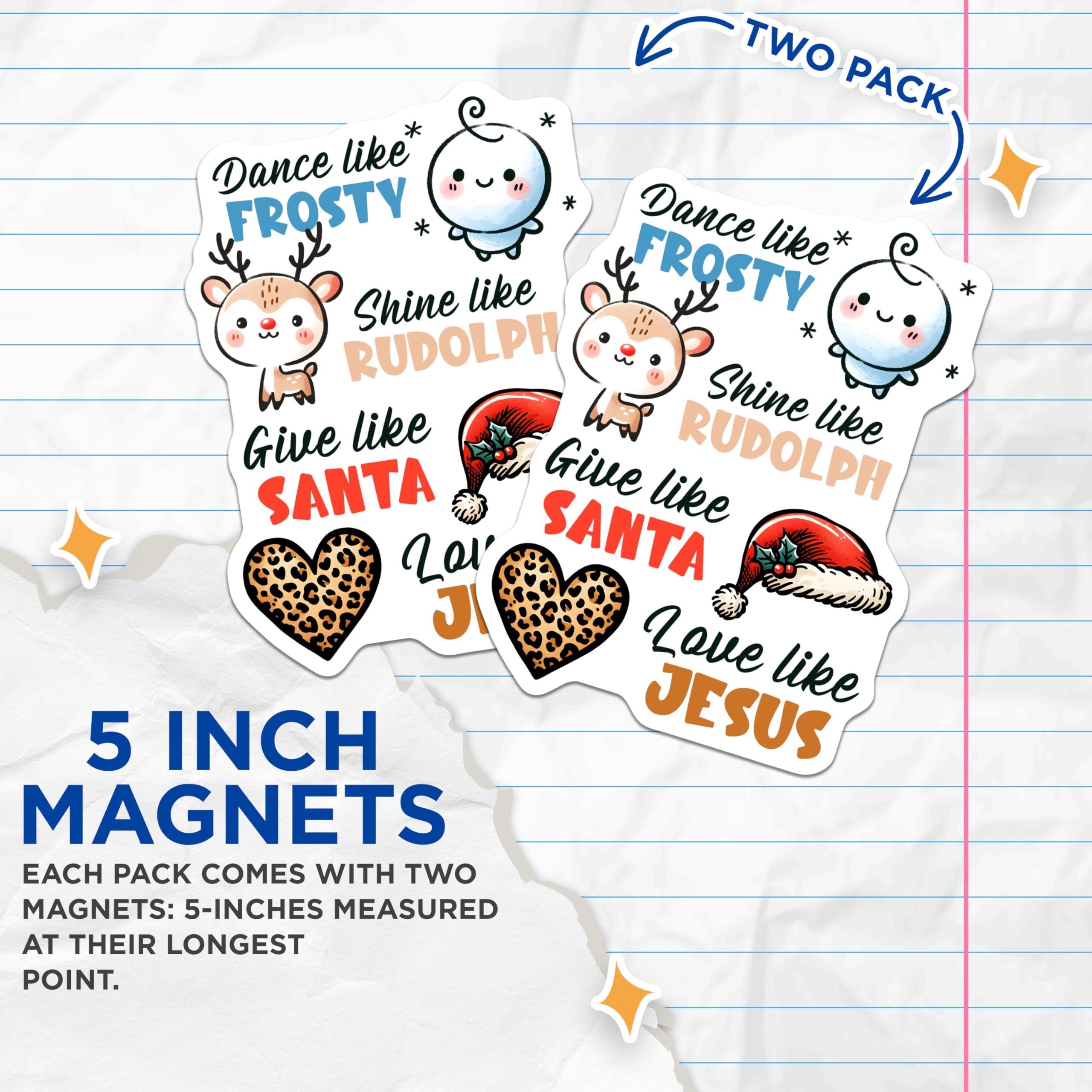 (2 Pack) Christmas Character Magnets - Holiday Season - Frosty Rudolph Santa Jesus - 5" On Longest Side - Premium Magnet - for Cars, Refrigerators, Toolboxes, Lockers - Made in USA - MAG14396
