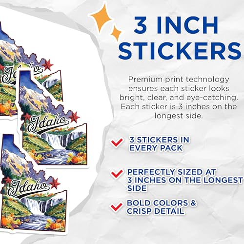 (3 Pack) Idaho Decals - State Pride Decal - Watercolor Art Decal- 3 Inches On Longest Side - Easy Peel & Apply - Made in USA - 3MCS5074
