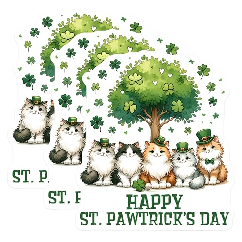 (3 Pack) St Patricks Day Cat Decals - Lucky Cats - Pawticks Day Decals - 3 Inches On Longest Side - Easy Peel & Apply - Made in USA - 3MCS6861