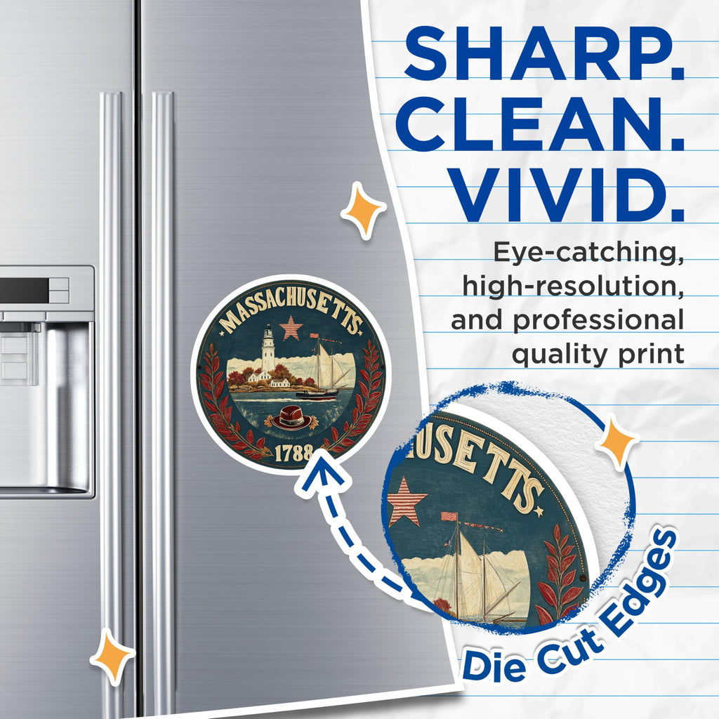 (2 Pack) Massachusetts State Seal Magnets - Lighthouse Sailboat - Bay State Decorative Art - 5" On Longest Side - Premium Magnet - for Cars, Refrigerators, Toolboxes, Lockers - Made in USA - MAG15261