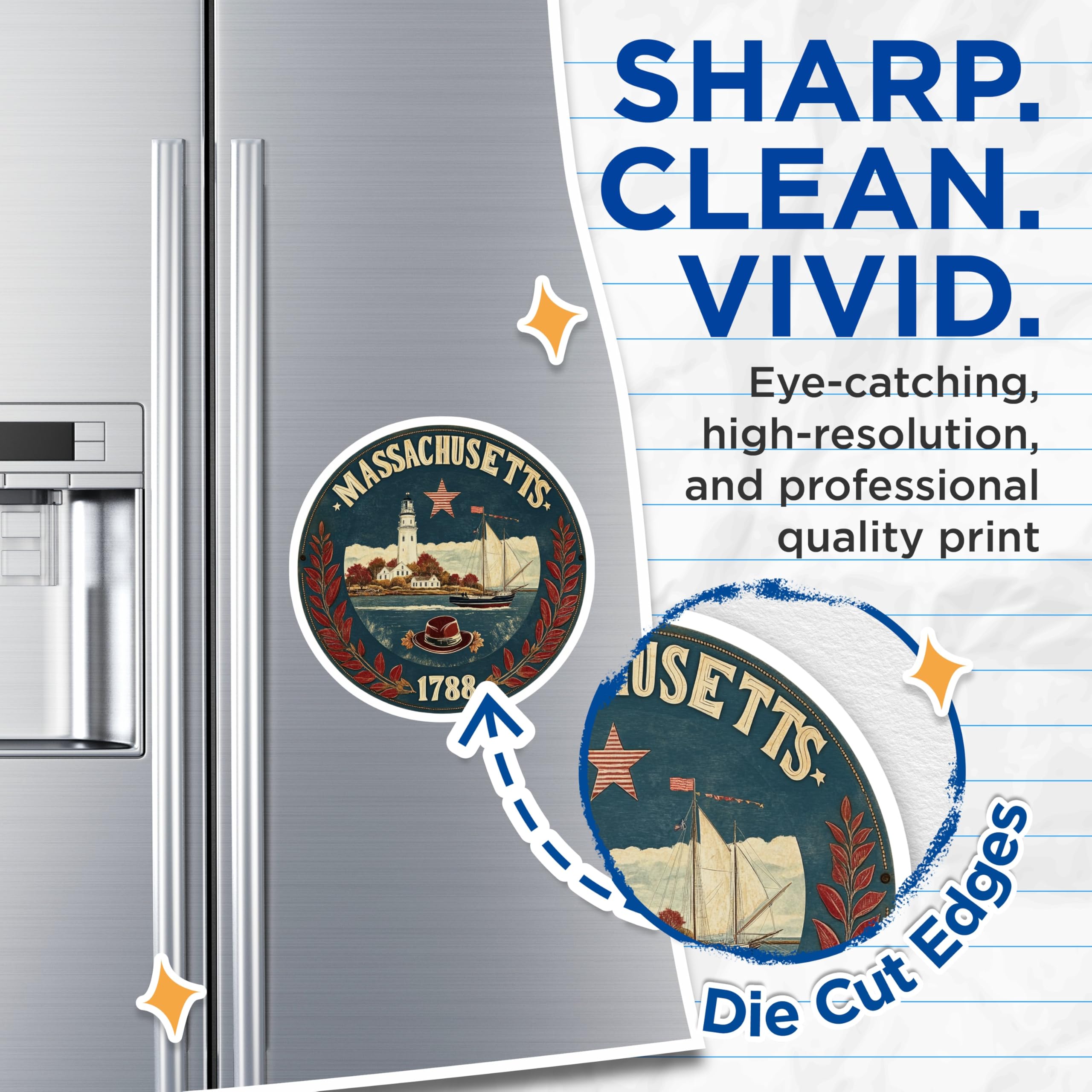 (2 Pack) Massachusetts State Seal Magnets - Lighthouse Sailboat - Bay State Decorative Art - 5" On Longest Side - Premium Magnet - for Cars, Refrigerators, Toolboxes, Lockers - Made in USA - MAG15261