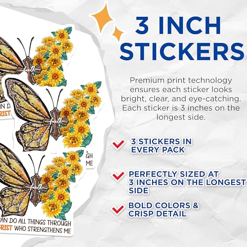 (3 Pack) Butterfly Faith Decals - Sunflower Christian Decals - Inspirational Bible Verse Decal - 3 Inches On Longest Side - Easy Peel & Apply - Made in USA - 3MCS4971